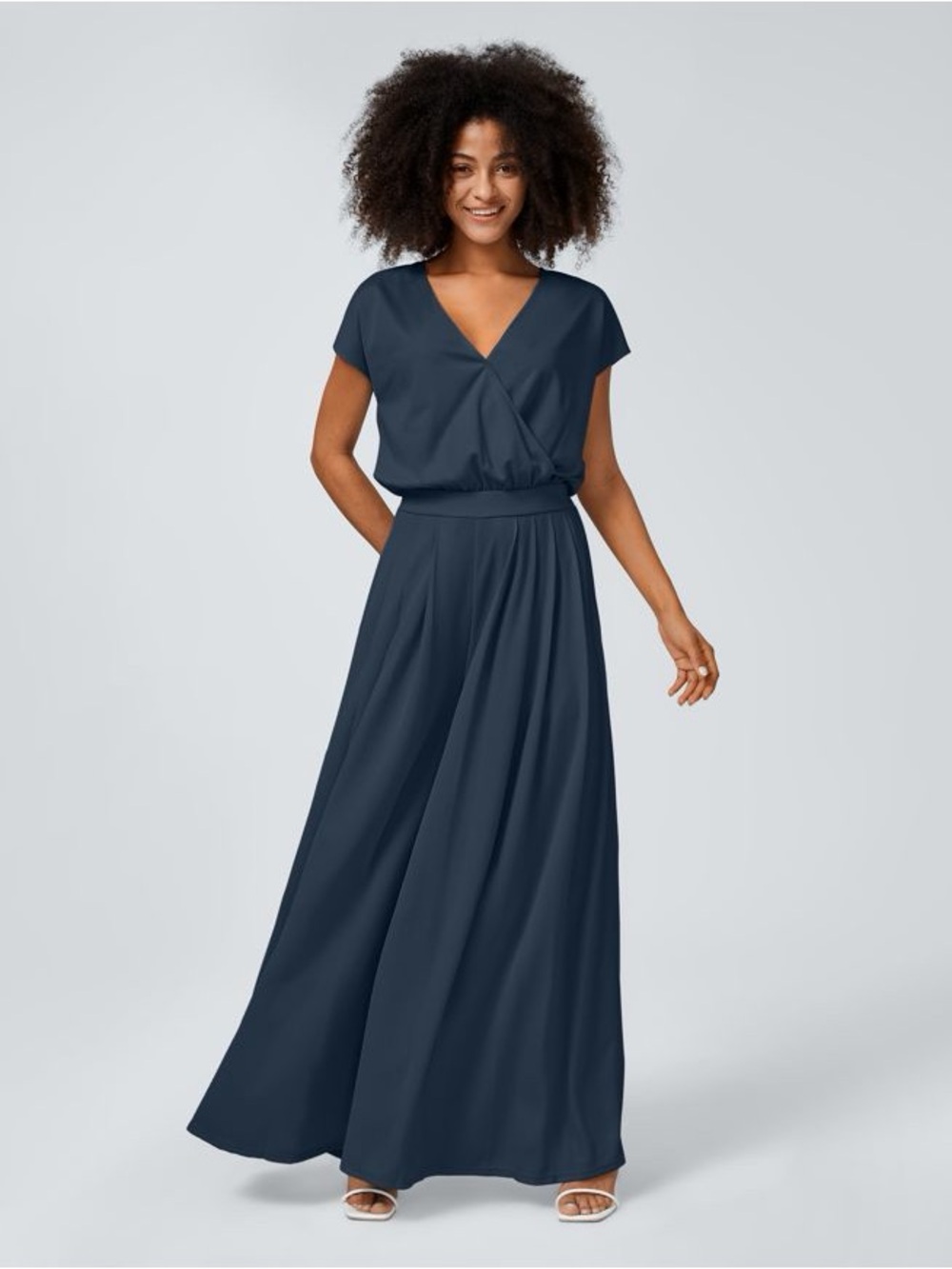 V Neck Short Sleeve Side Pocket Wide Leg Flowy Waffle Casual Jumpsuit NWT M REG